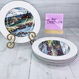 Epoch PIONEER BAY Houses Barns Ships Birds Water Ceramic Salad Plates Set of 4